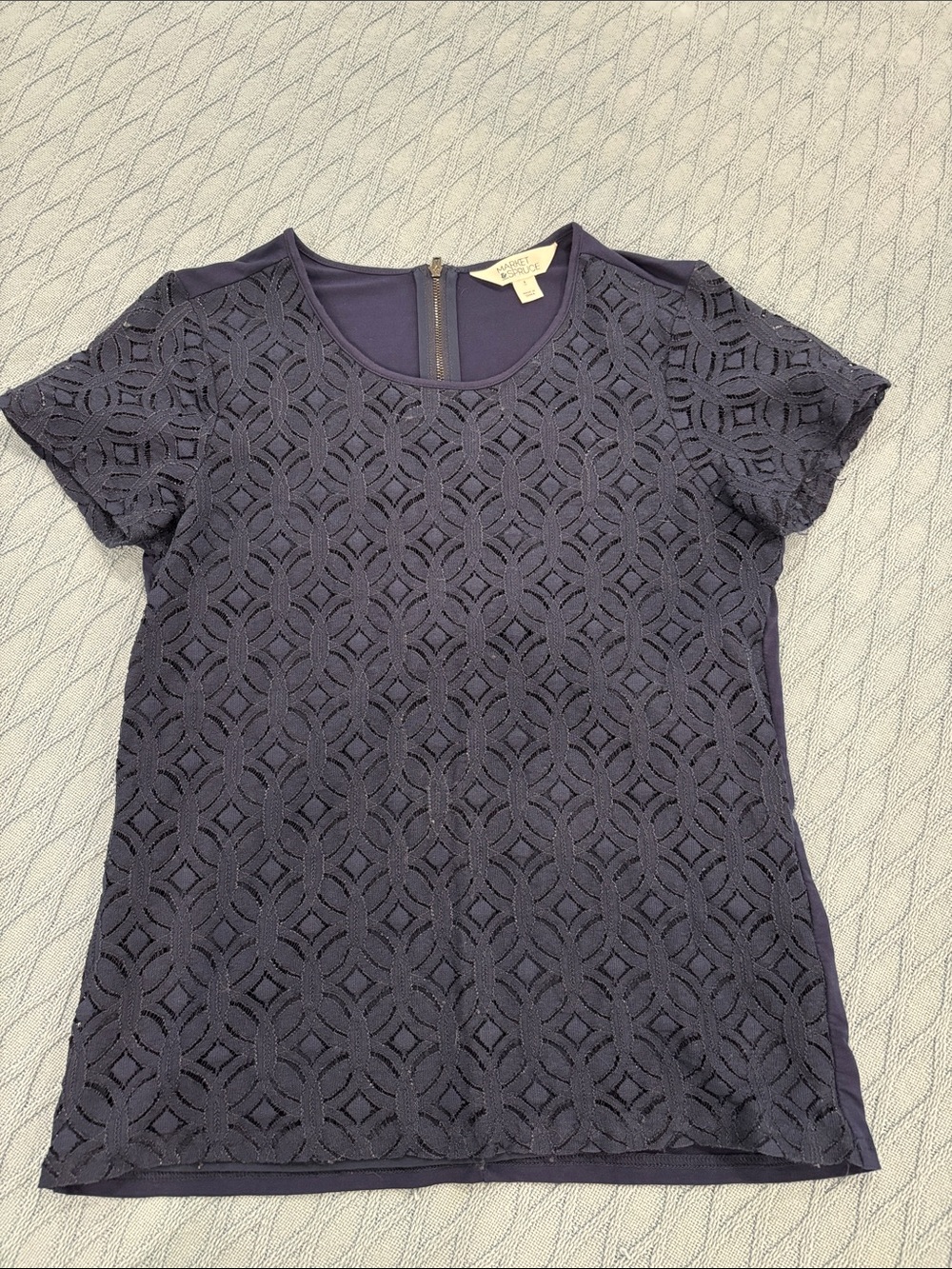Navy Short Sleeve Geometric Lace Overlay Top